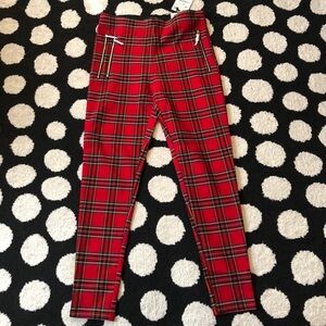 Zara Zippered HIGH RISE LEGGINGS SKINNY Pants Red Plaid Size M NWT